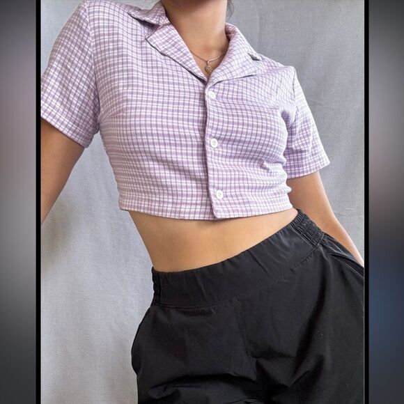 John Galt Size XS Brandy Melville Vivian Top Purple Plaid Preppy Collared Crop - Picture 12 of 12